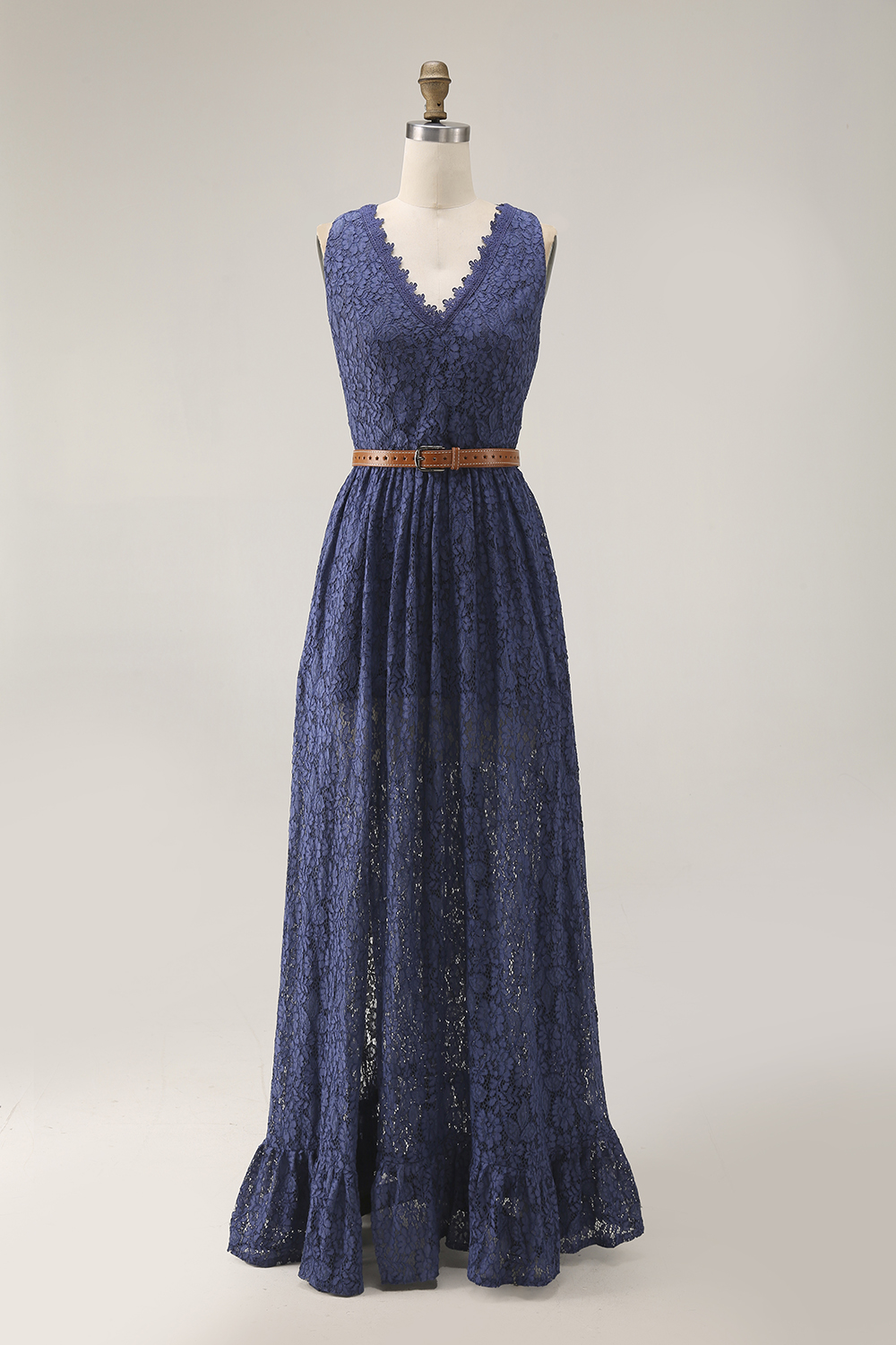 Boho Lace Dress Blue V Neck Sleeveless Belted High Slit Maxi Dress