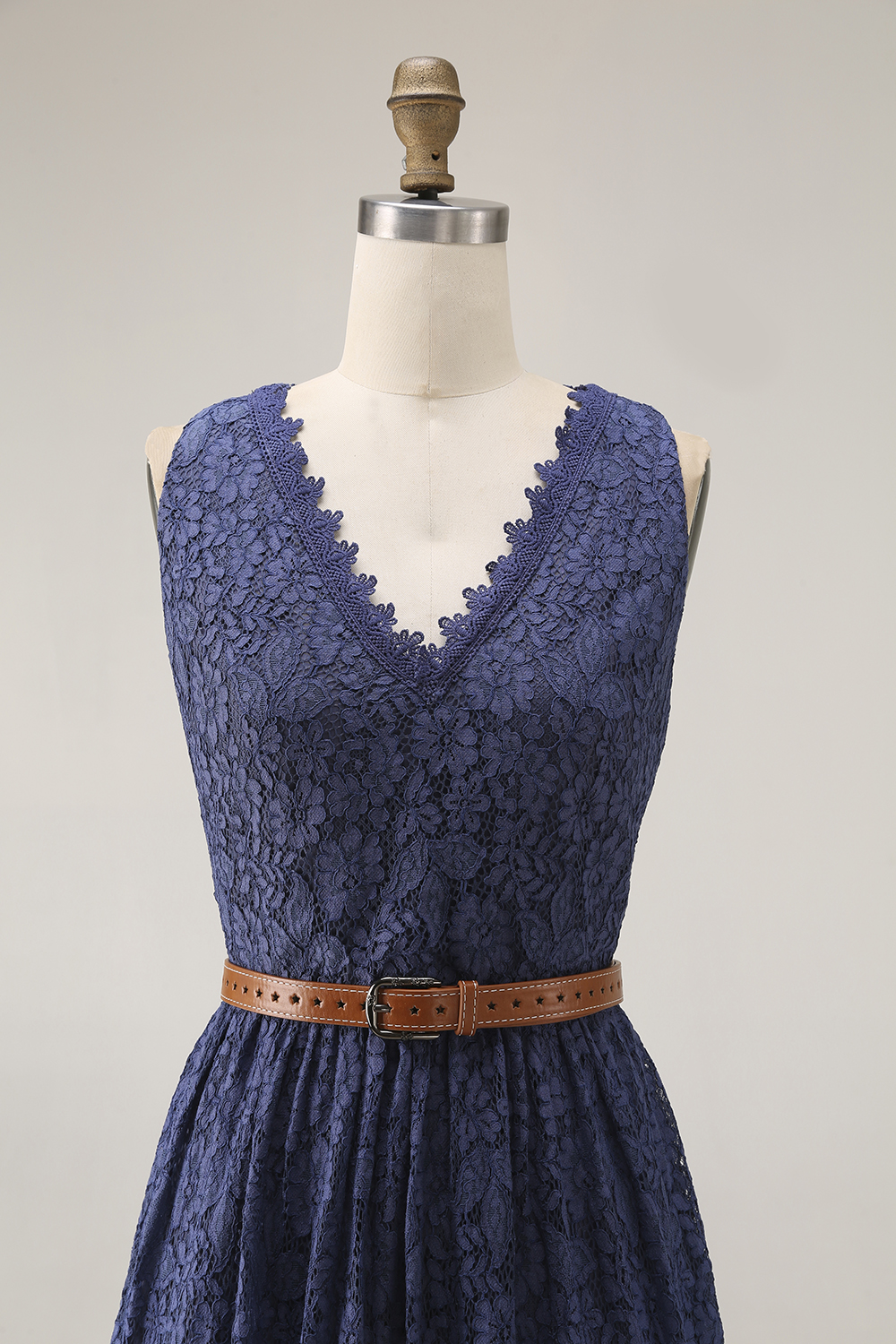 Boho Lace Dress Blue V Neck Sleeveless Belted High Slit Maxi Dress