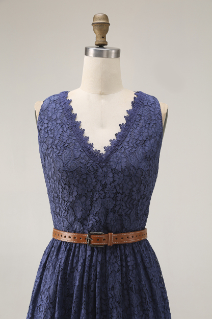 Boho Lace Dress Blue V Neck Sleeveless Belted High Slit Maxi Dress