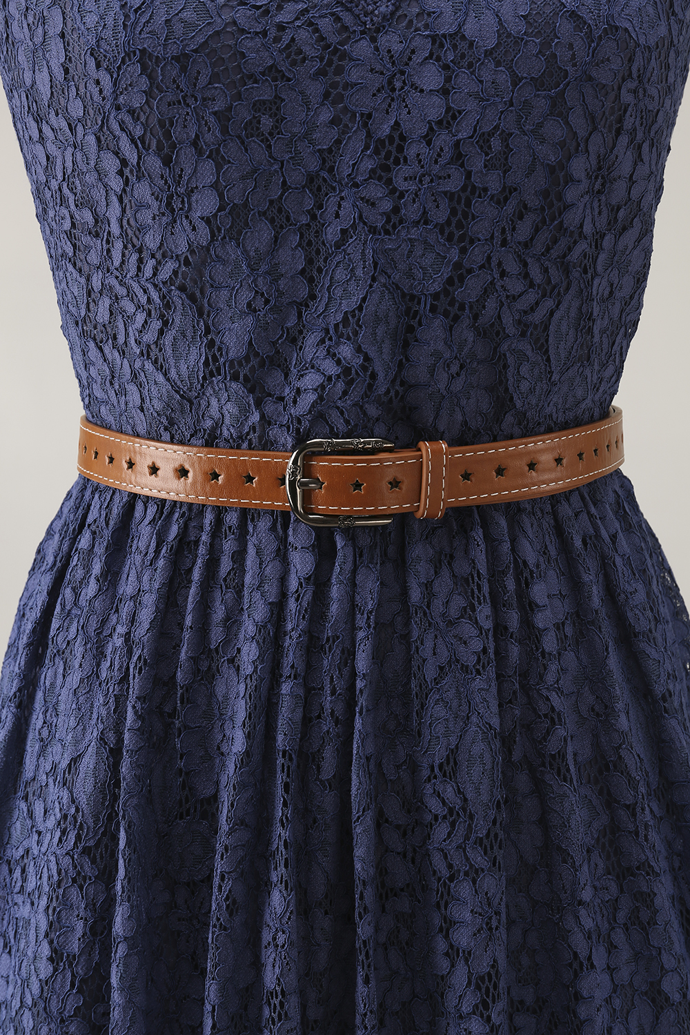 Boho Lace Dress Blue V Neck Sleeveless Belted High Slit Maxi Dress