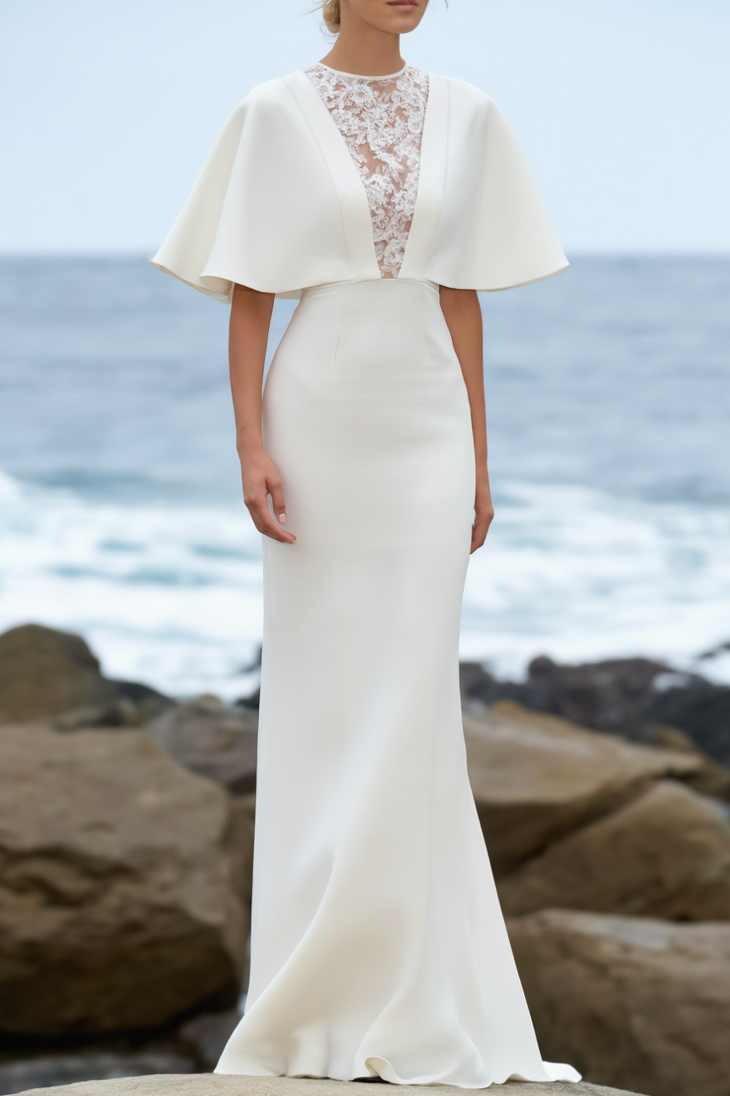 Formal Evening Dress White Crew Neck Lace Maxi Dress