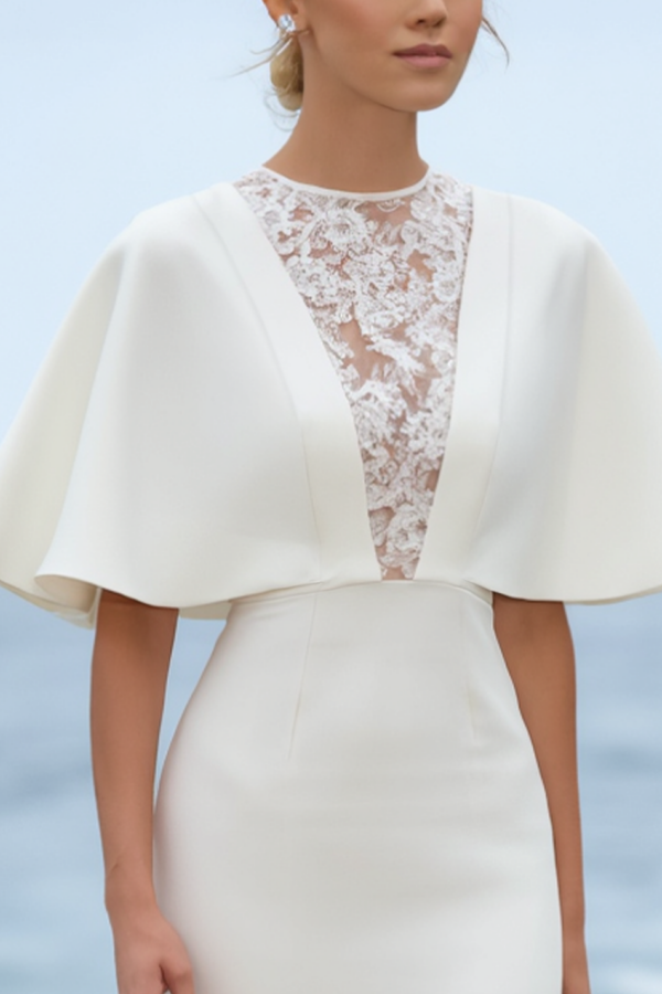 Formal Evening Dress White Crew Neck Lace Maxi Dress