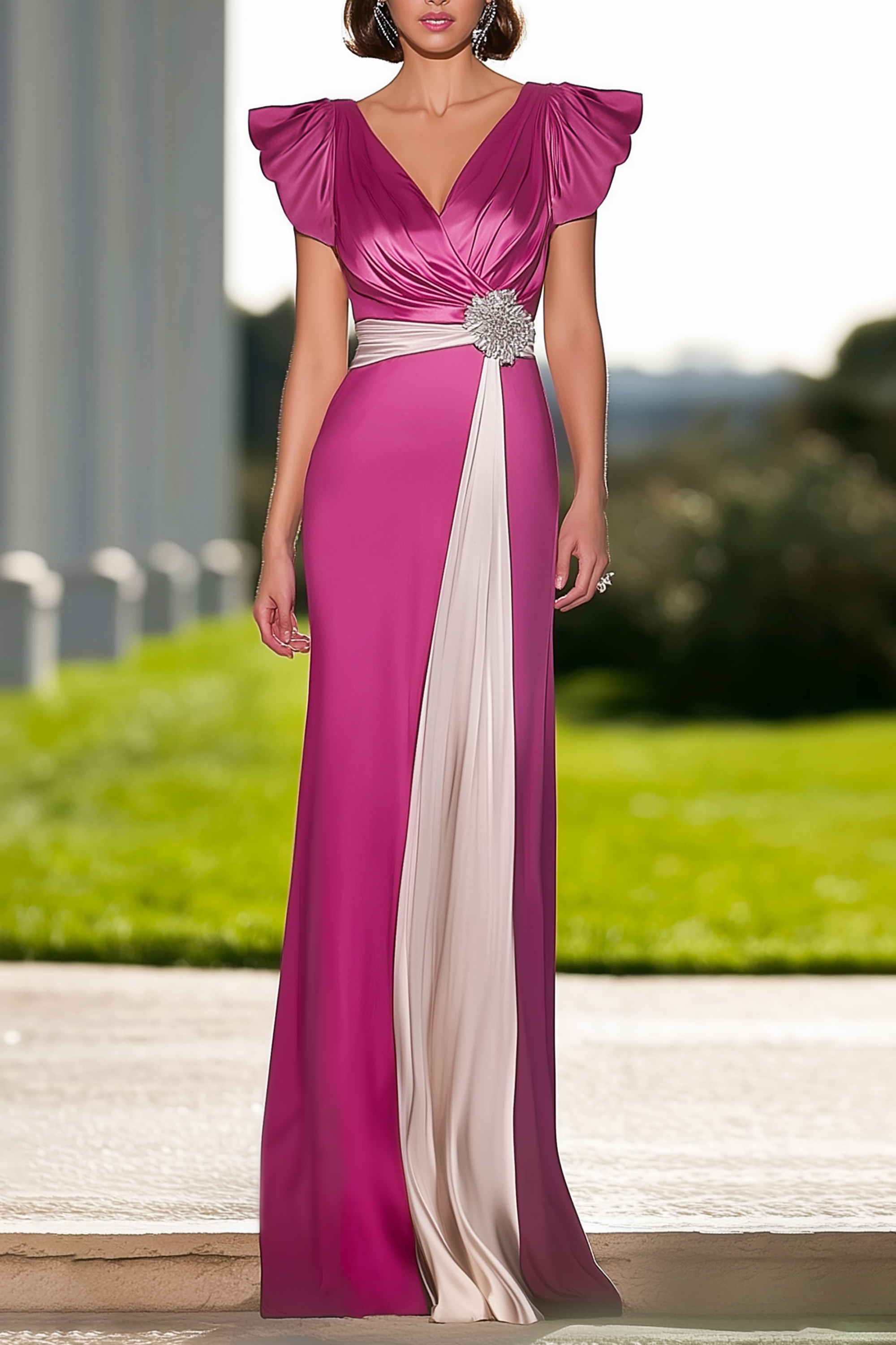 Formal Evening Dress Purple V Neck Colorblock Maxi Dress