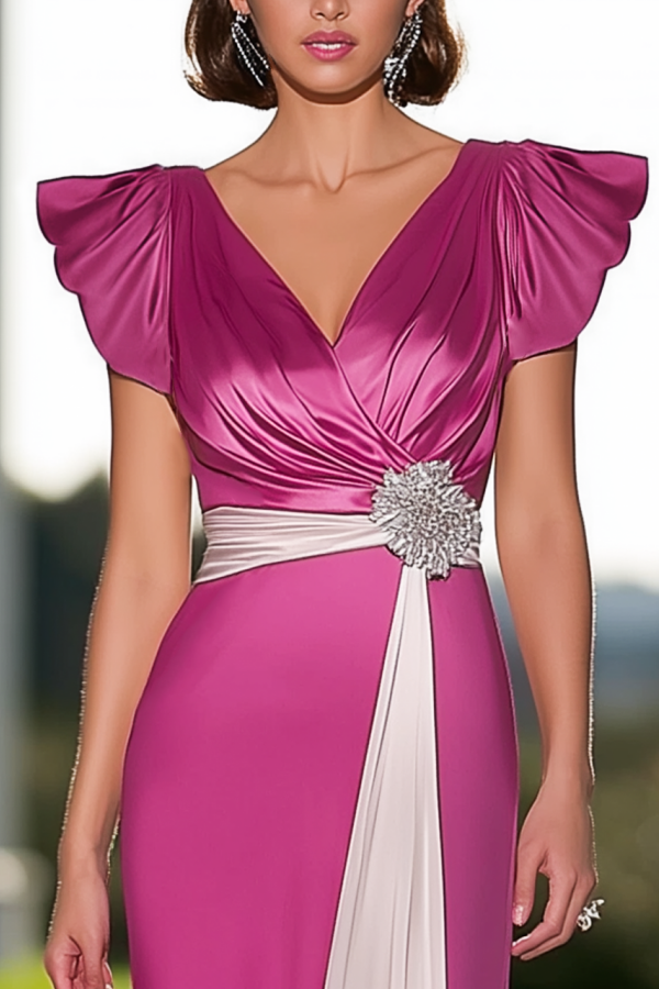 Formal Evening Dress Purple V Neck Colorblock Maxi Dress