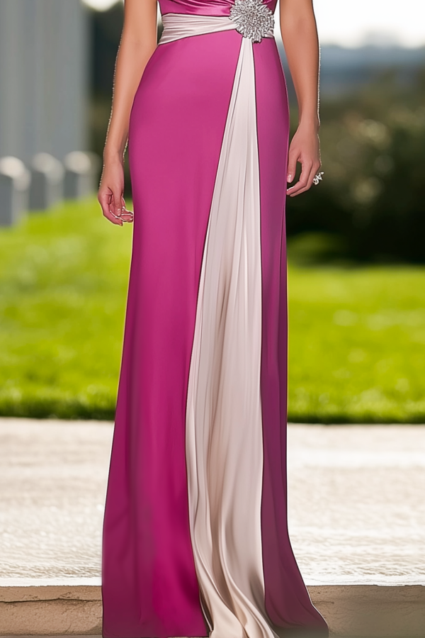 Formal Evening Dress Purple V Neck Colorblock Maxi Dress