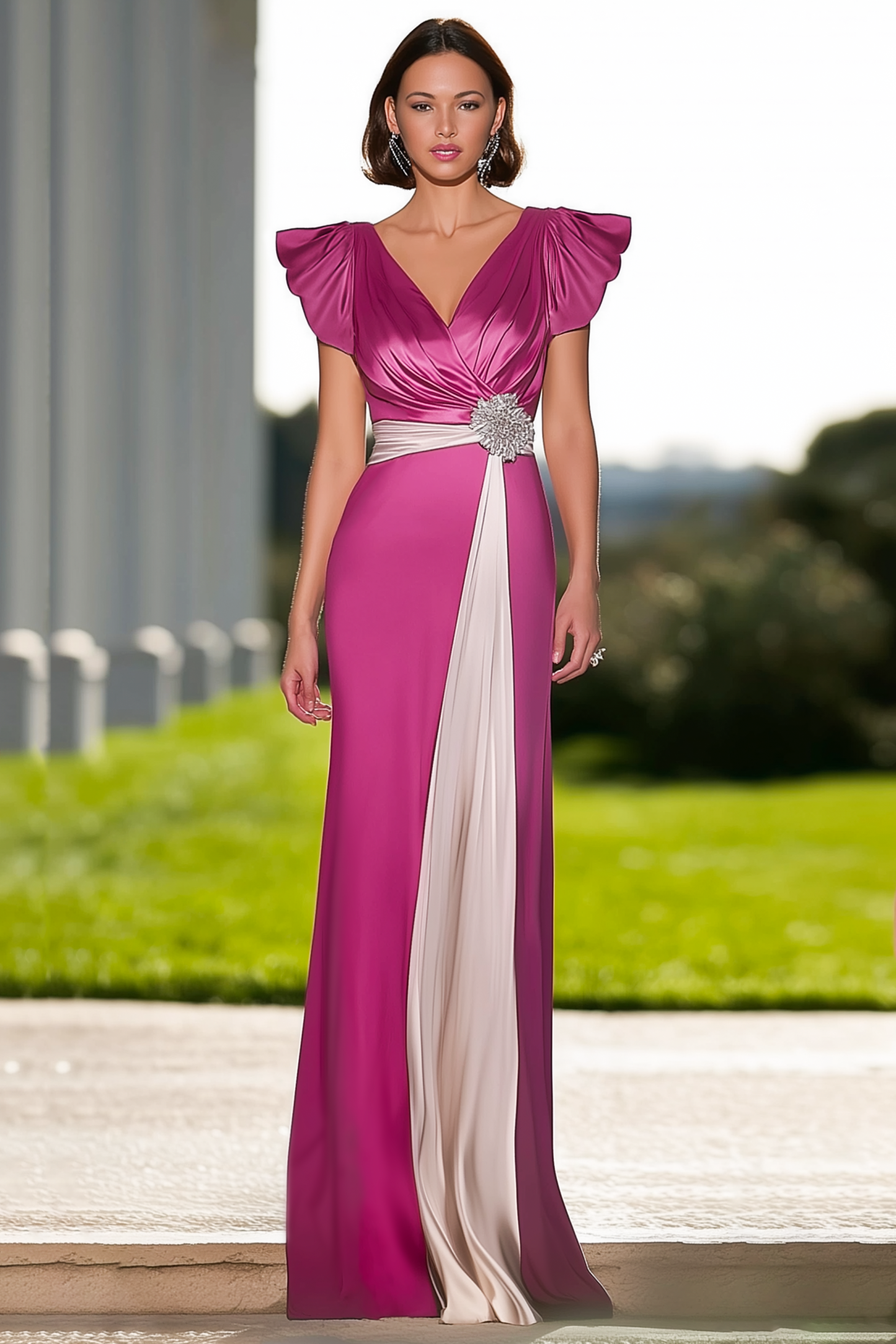 Formal Evening Dress Purple V Neck Colorblock Maxi Dress