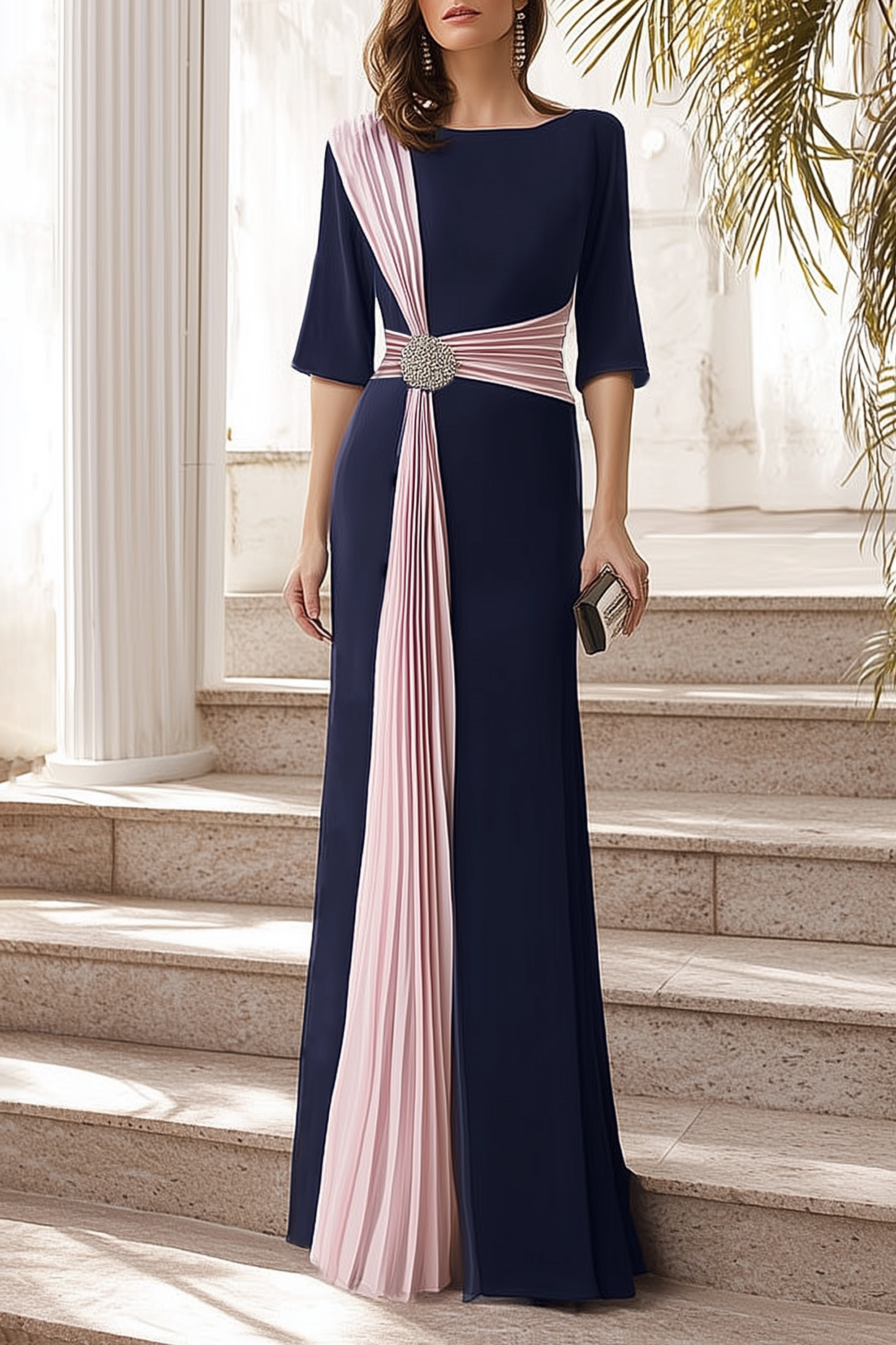 Formal Evening Dress Navy Crew Neck Colorblock Maxi Dress