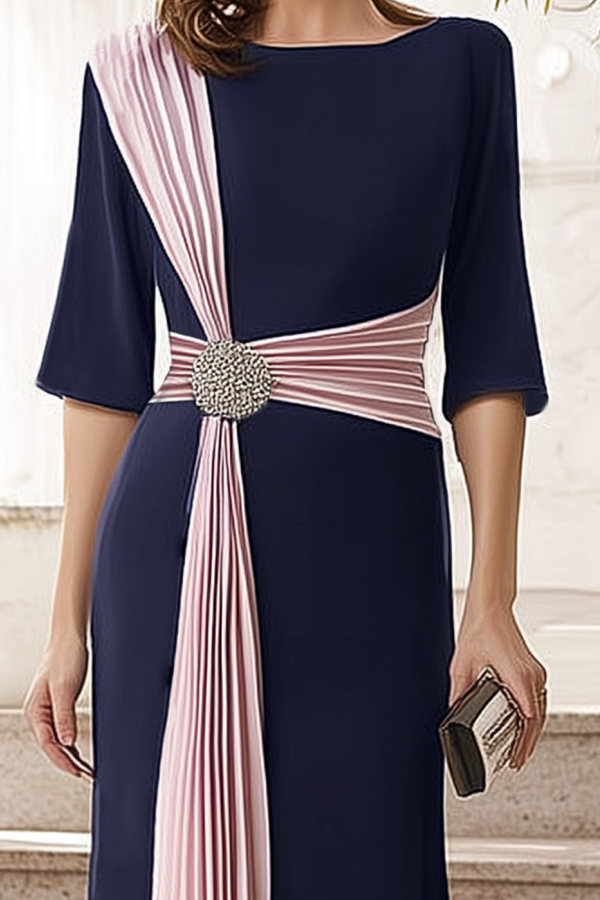 Formal Evening Dress Navy Crew Neck Colorblock Maxi Dress