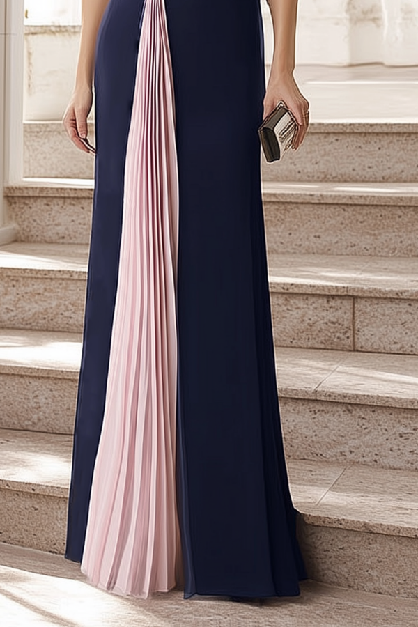 Formal Evening Dress Navy Crew Neck Colorblock Maxi Dress