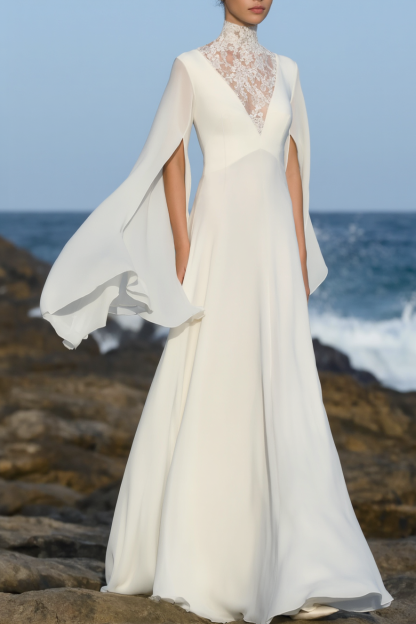 Formal Evening Dress White Stand Neck Lace Maxi Dress