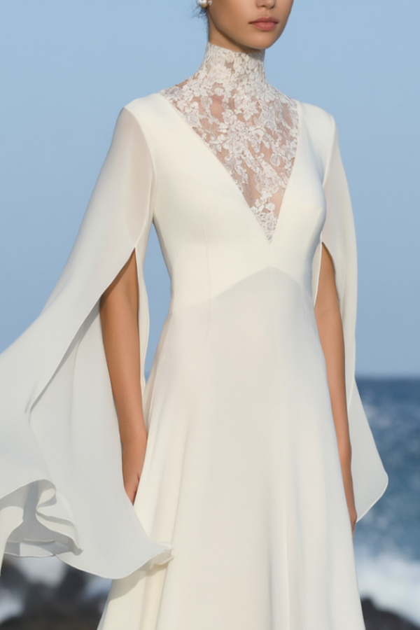 Formal Evening Dress White Stand Neck Lace Maxi Dress