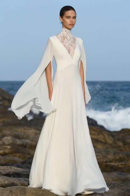 Formal Evening Dress White Stand Neck Lace Maxi Dress