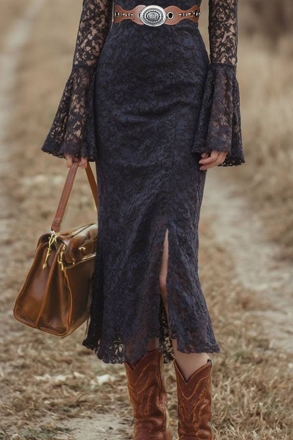Boho Dress Black Crew Neck Lace Belted Midi Dress
