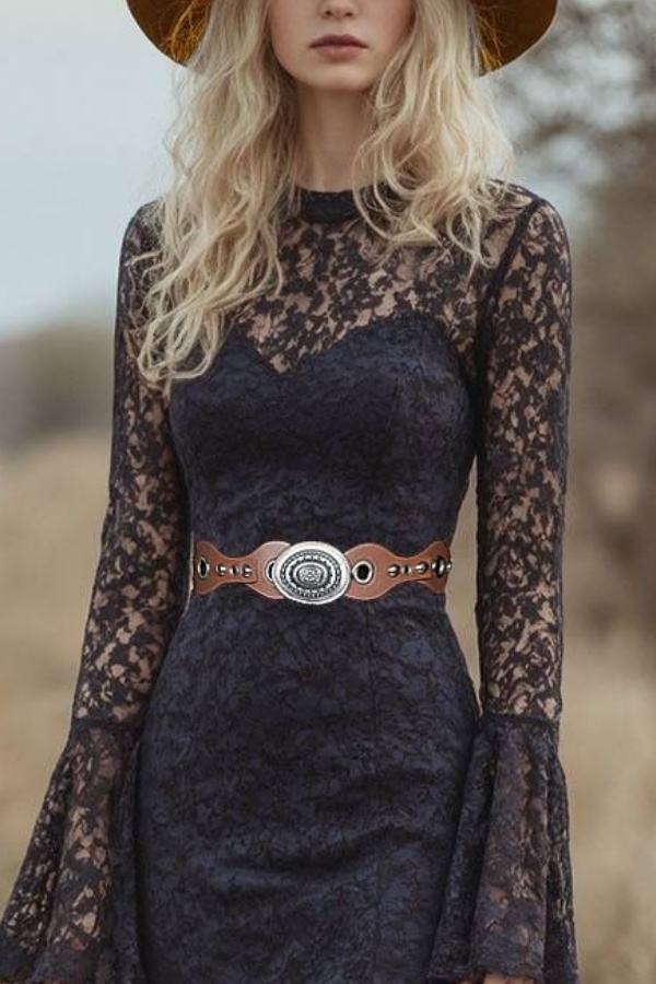 Boho Dress Black Crew Neck Lace Belted Midi Dress