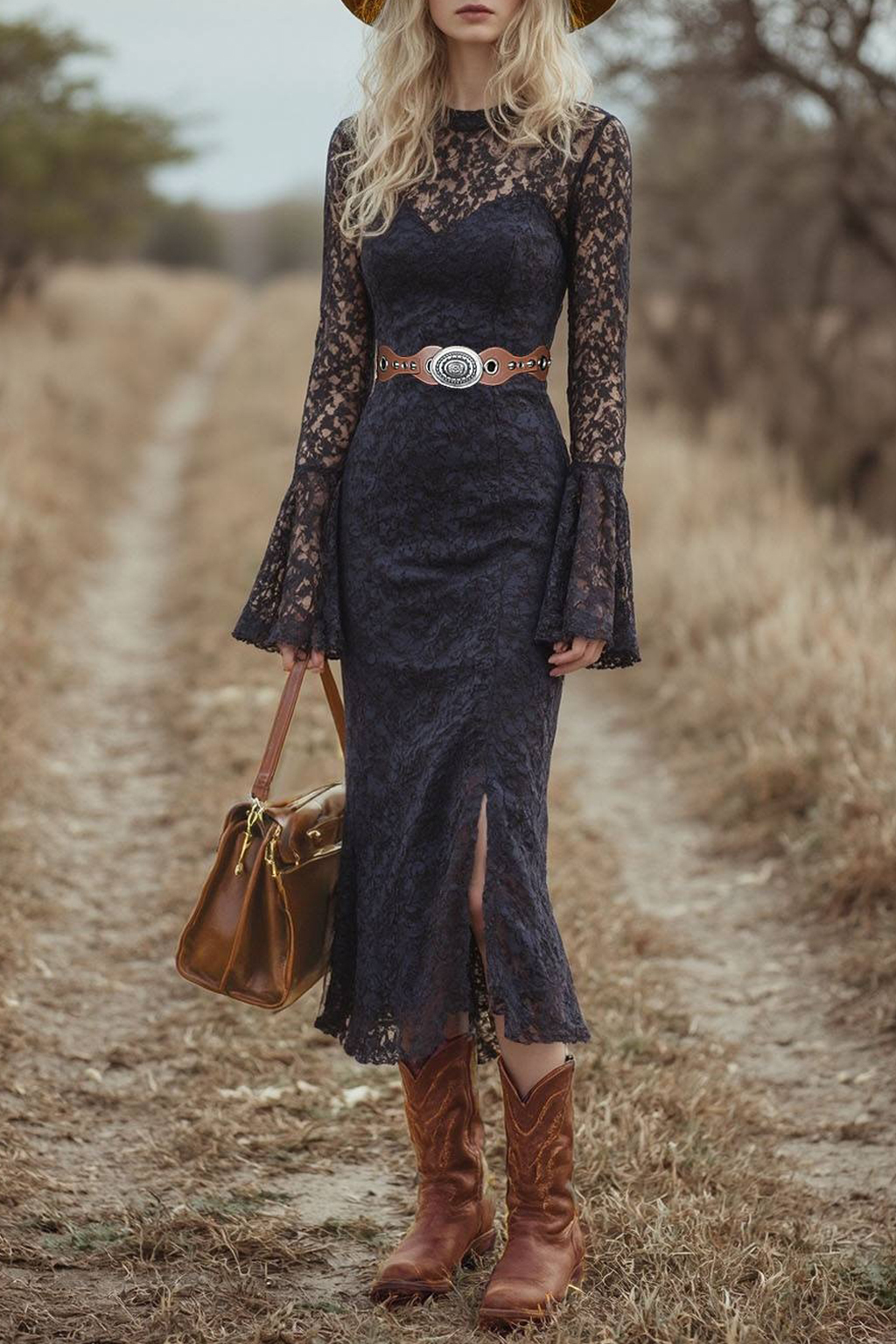Boho Dress Black Crew Neck Lace Belted Midi Dress