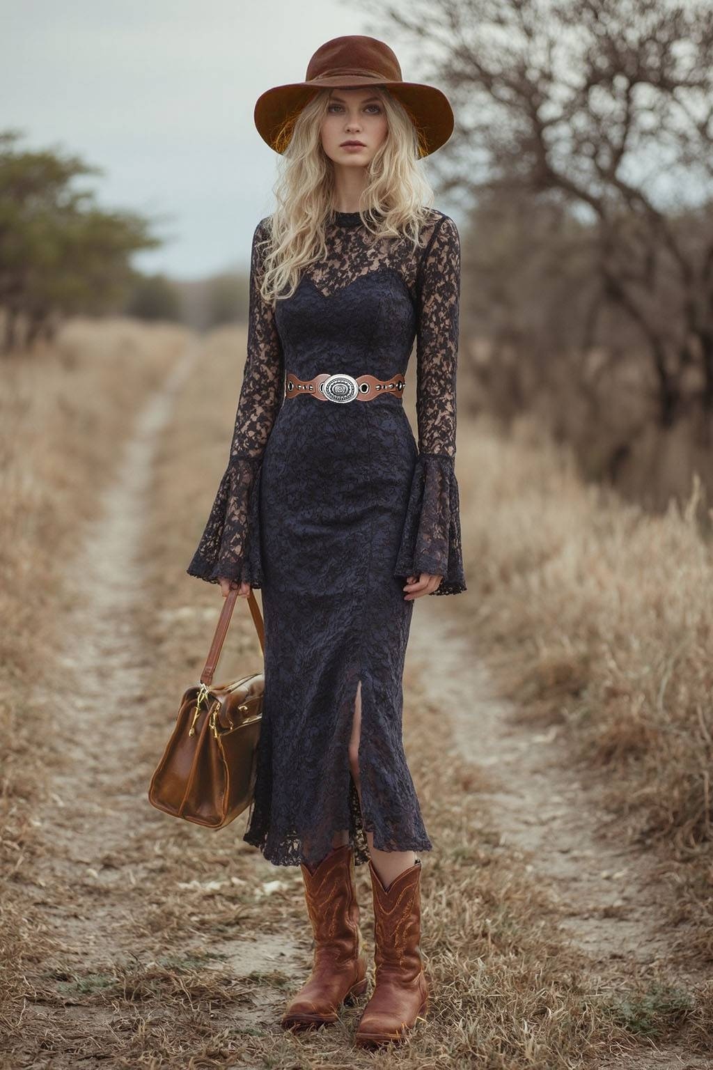 Boho Dress Black Crew Neck Lace Belted Midi Dress
