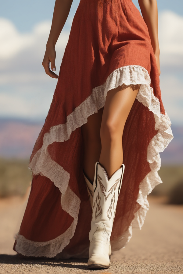 Boho Dress Brown Spaghetti Strap Lace Maxi Dress