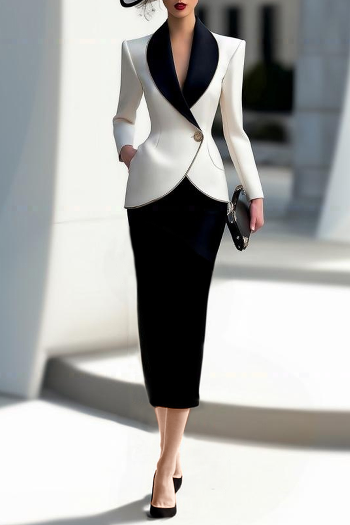 Suit Sets Black White Lapel Pocket Skirts Set