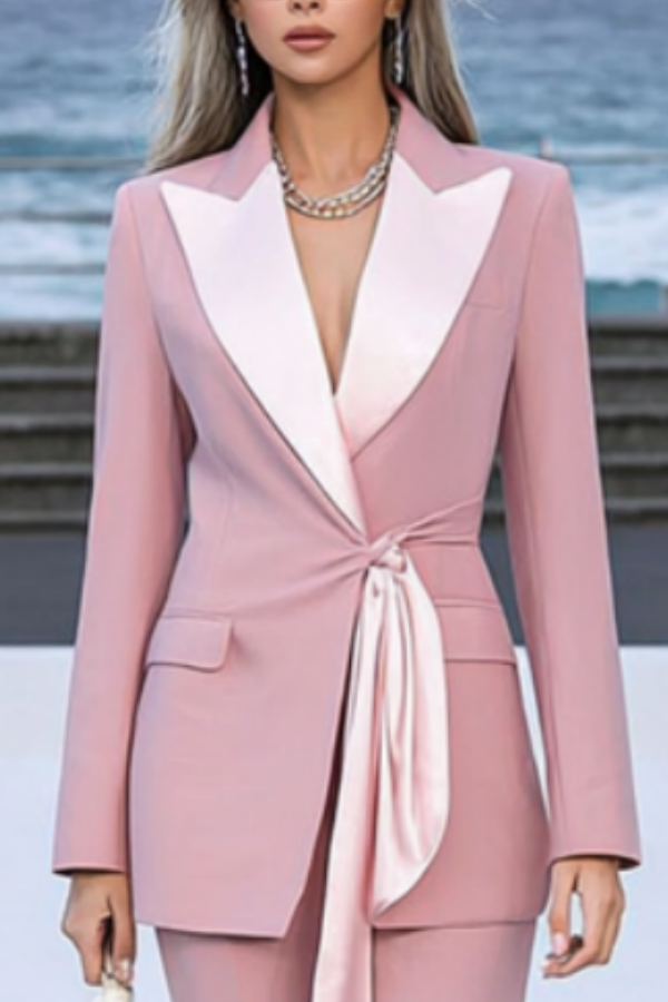 Suit Sets Pink Lapel Pocket Waist Tie Pants Set
