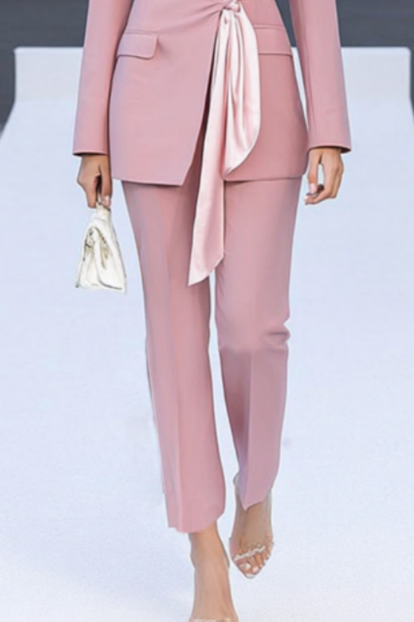 Suit Sets Pink Lapel Pocket Waist Tie Pants Set