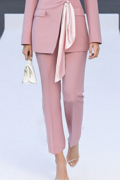 Suit Sets Pink Lapel Pocket Waist Tie Pants Set
