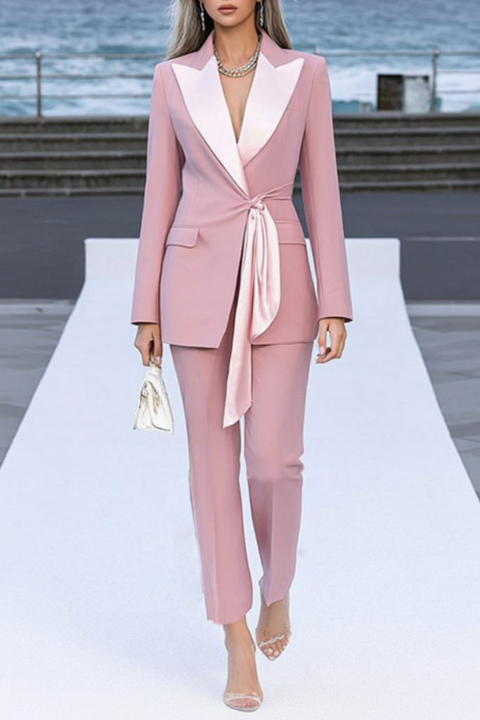 Suit Sets Pink Lapel Pocket Waist Tie Pants Set