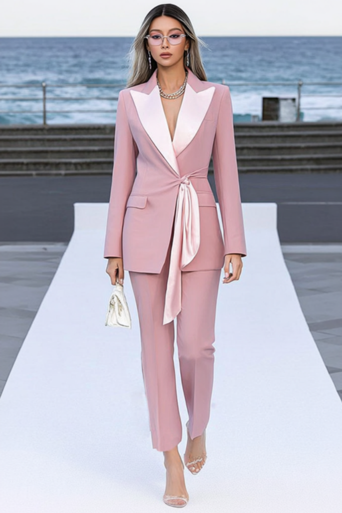 Suit Sets Pink Lapel Pocket Waist Tie Pants Set