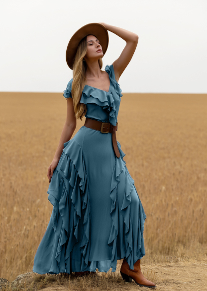 Boho Dress Purple V Neck Ruffle Belted Maxi Dress