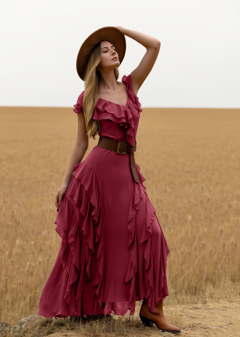 Boho Dress Purple V Neck Ruffle Belted Maxi Dress