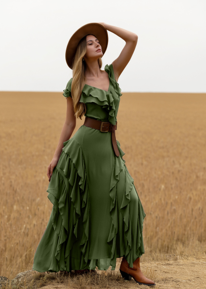 Boho Dress Purple V Neck Ruffle Belted Maxi Dress