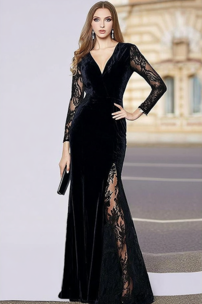 Formal Evening Velvet Dress Black V Neck Lace Maxi Dress