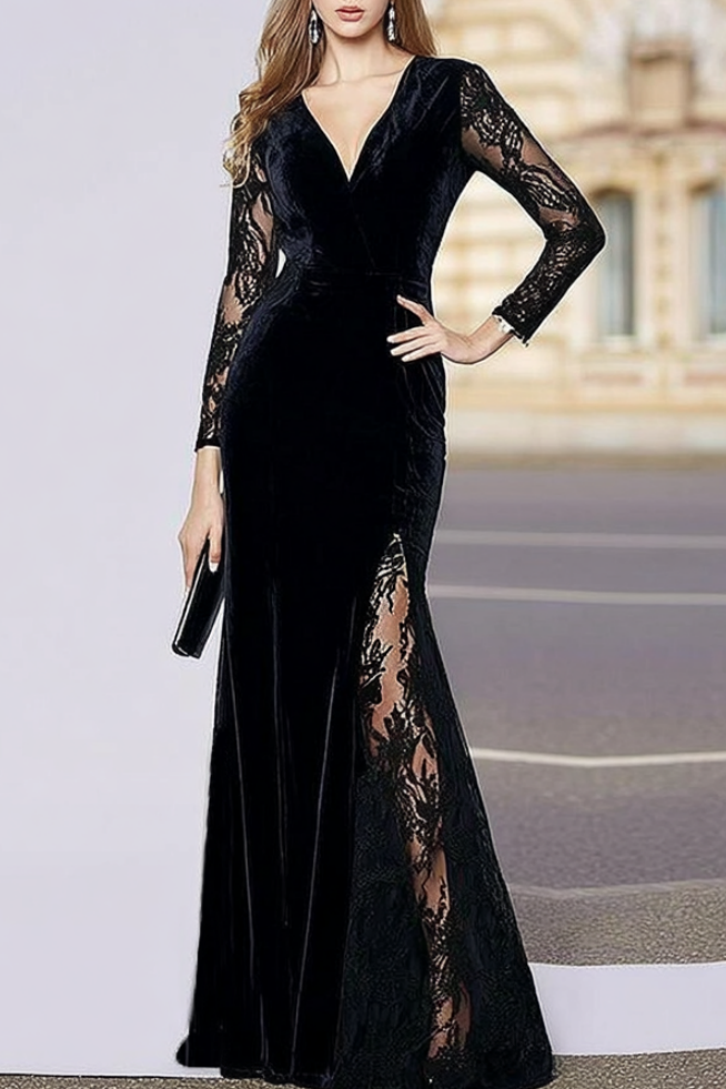 Formal Evening Velvet Dress Black V Neck Lace Maxi Dress
