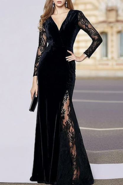 Formal Evening Velvet Dress Black V Neck Lace Maxi Dress