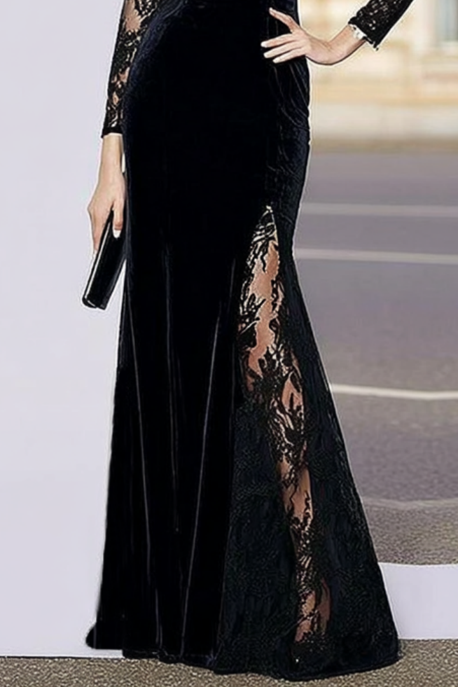 Formal Evening Velvet Dress Black V Neck Lace Maxi Dress