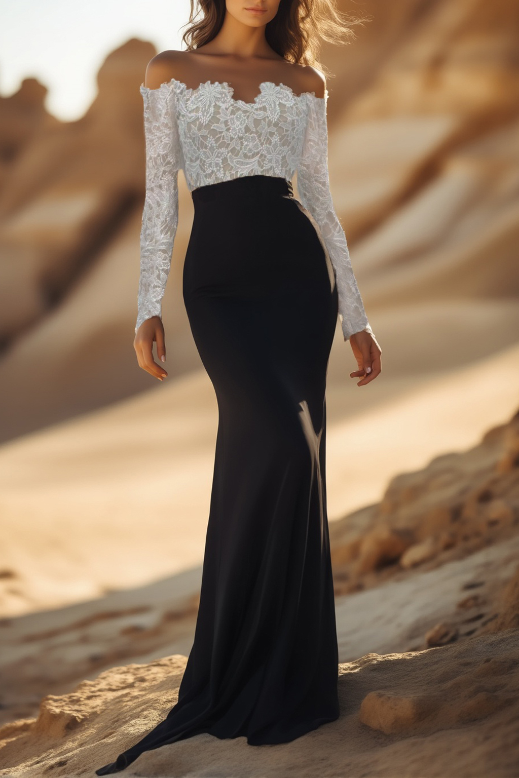 Formal Evening Dress Black White Off Shoulder Lace Maxi Dress