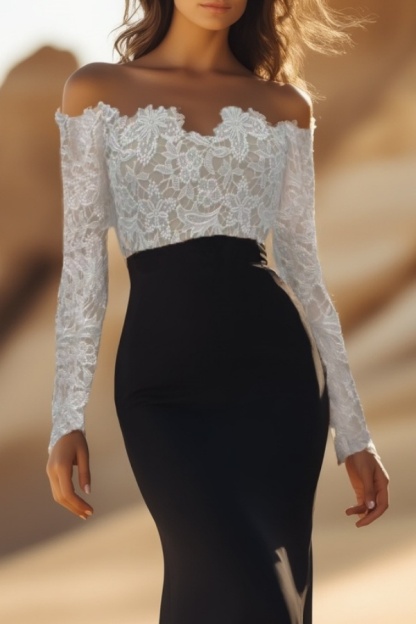 Formal Evening Dress Black White Off The Shoulder Lace Maxi Dress