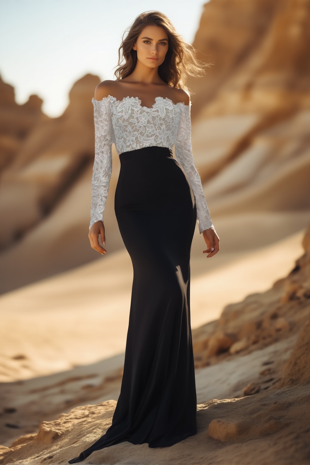 Formal Evening Dress Black White Off The Shoulder Lace Maxi Dress