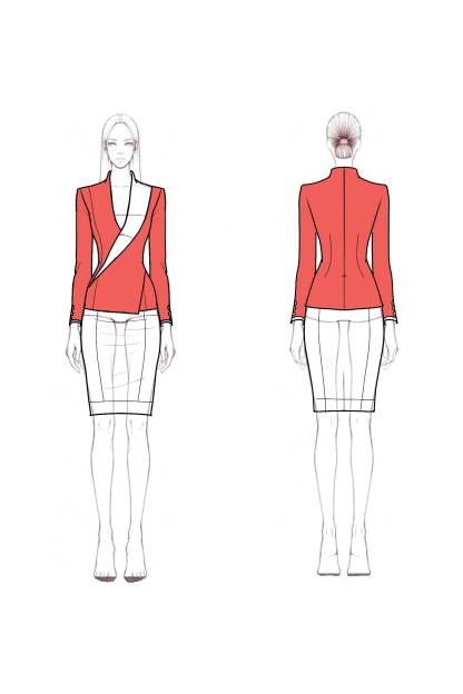 Work Outfit Sets Red Lapel Colorblock Mini Skirts Set
