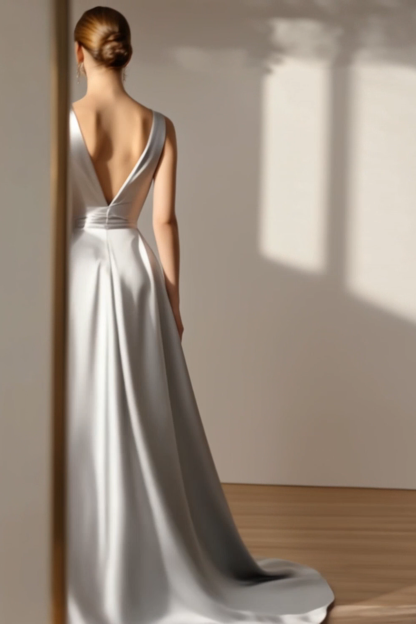 Formal Evening Dress Silver V Neck Satin Maxi Dress