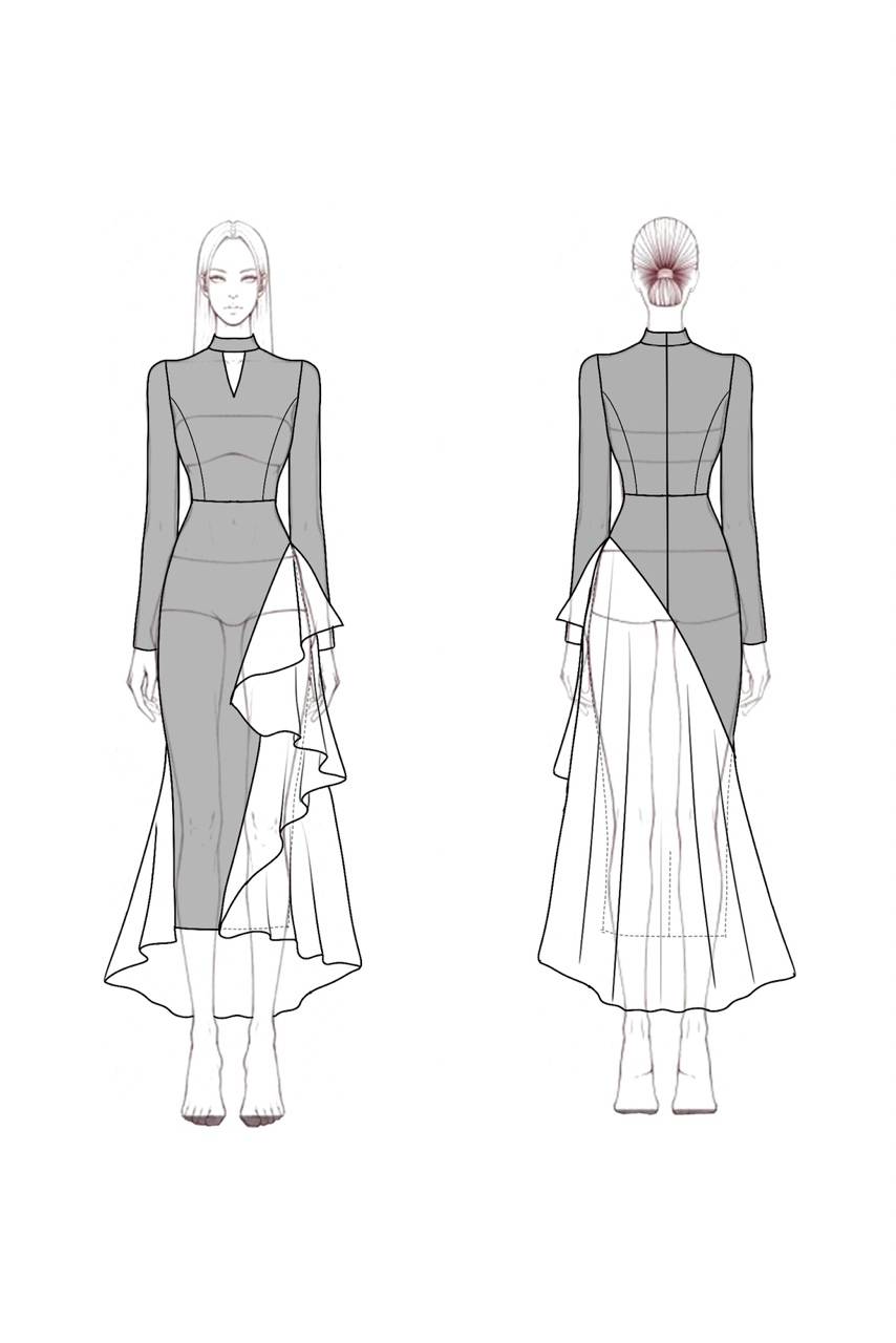 Formal Evening Dress Black White Stand Collar Ruffle Maxi Dress