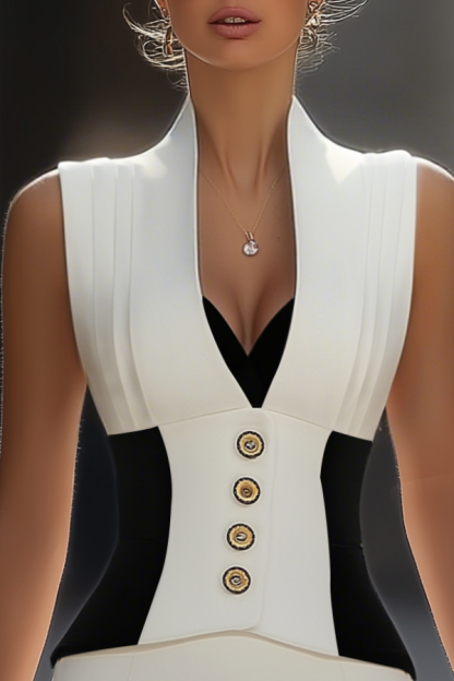 Work Dress​ Black White V Neck Colorblock Knee-Length Dress