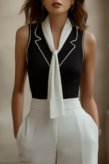 Work Outfit Sets Black White V Neck Pocket Pants Set