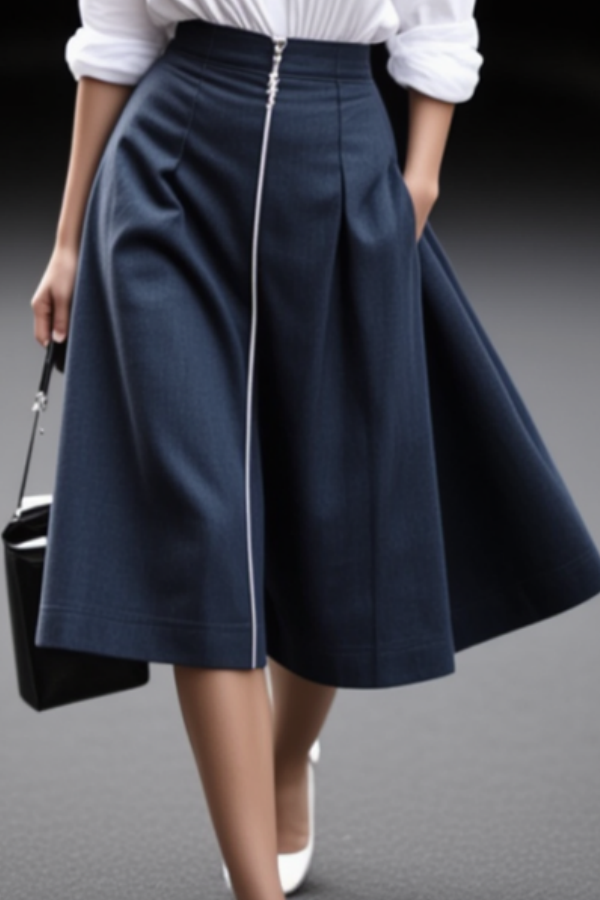 Work Outfit Sets Navy Shirt Collar Knee-Length Skirt Set