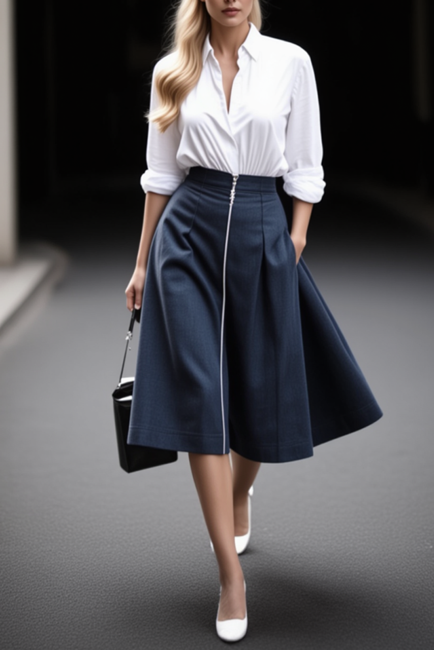 Work Outfit Sets Navy Shirt Collar Knee-Length Skirt Set