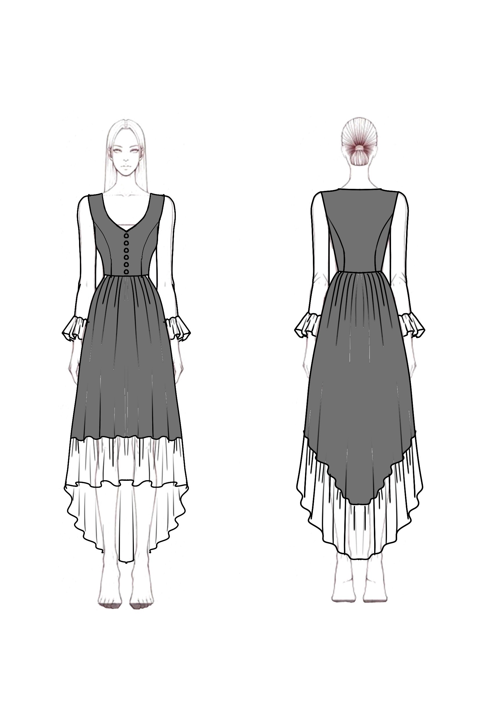 Boho Dress Black V Neck Ruffle Lace Long Sleeve High-Low Hem Dress