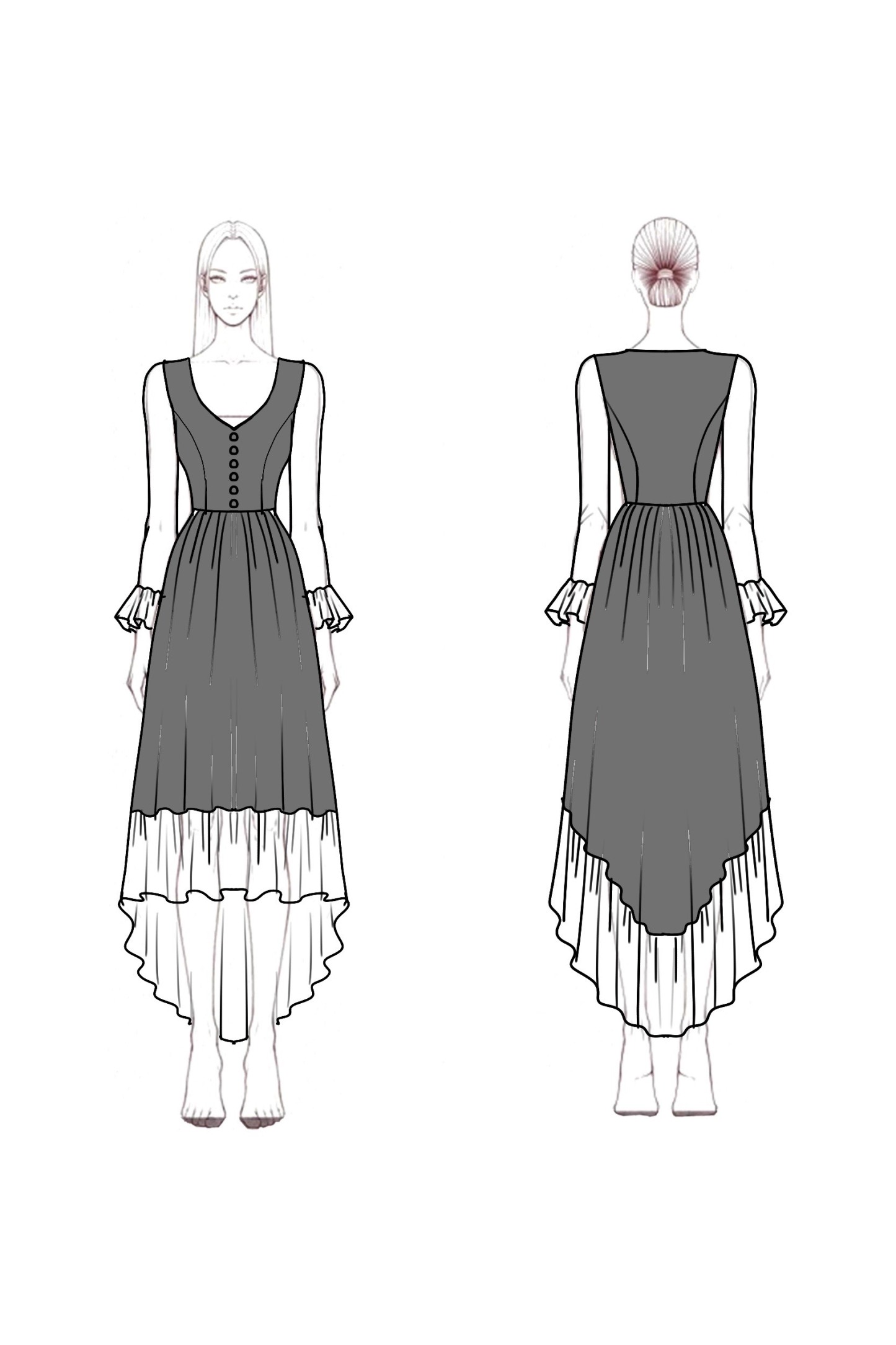 Boho Dress Black V Neck Ruffle Lace Long Sleeve High-Low Hem Dress