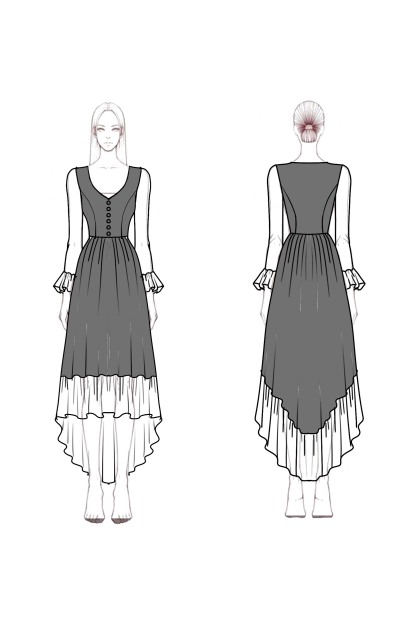 Boho Dress Black V Neck Ruffle Lace Long Sleeve High-Low Hem Dress