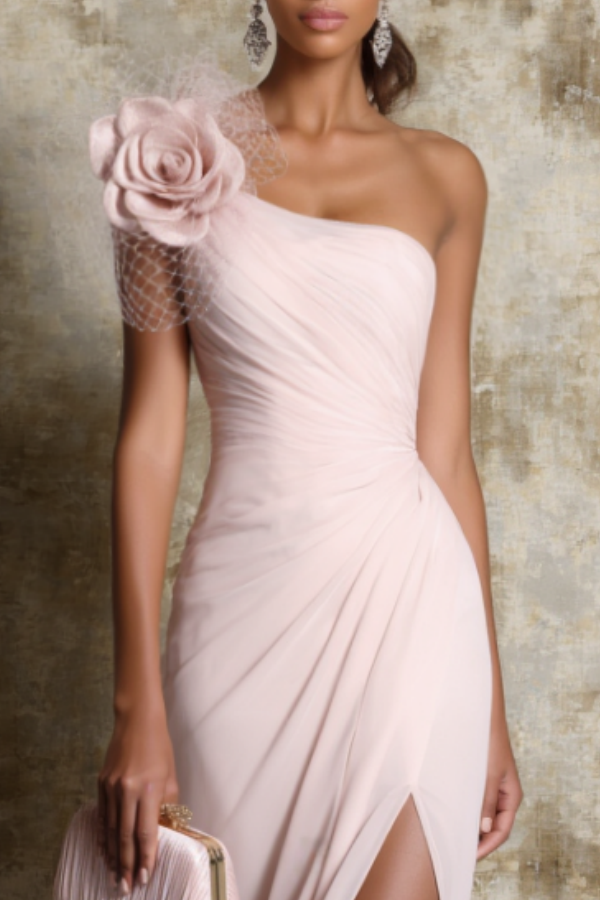 Formal Evening Dress Pink One Shoulder Floral Slit Maxi Dress