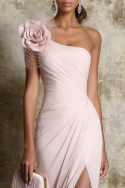 Formal Evening Dress Pink One Shoulder Floral Slit Maxi Dress
