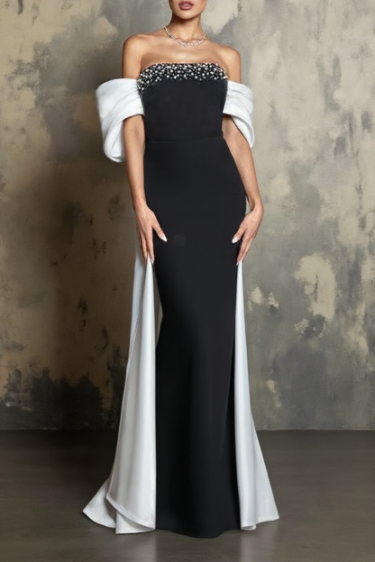 Formal Evening Dress Black White Strapless Maxi Dress
